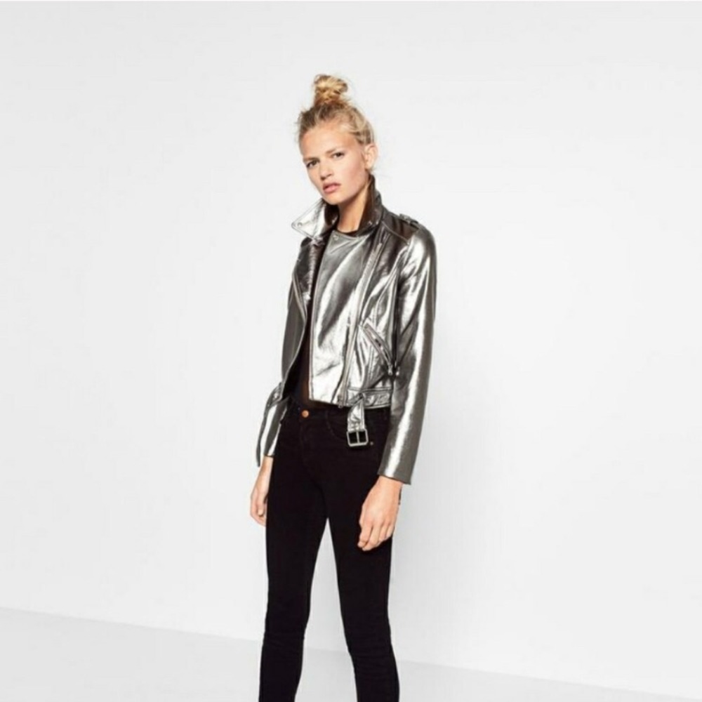 Zara faux leather silver moto jacket